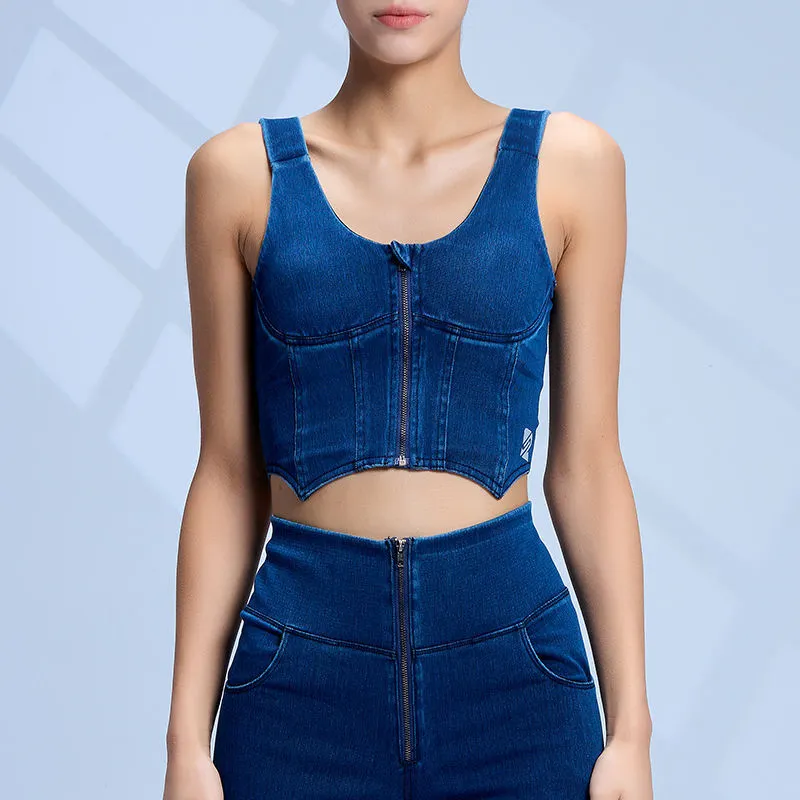 Comodo reggiseno sportivo in denim elastico: cerniera facile, orlo irregolare, bel design posteriore - ROADSUNSHINE 1