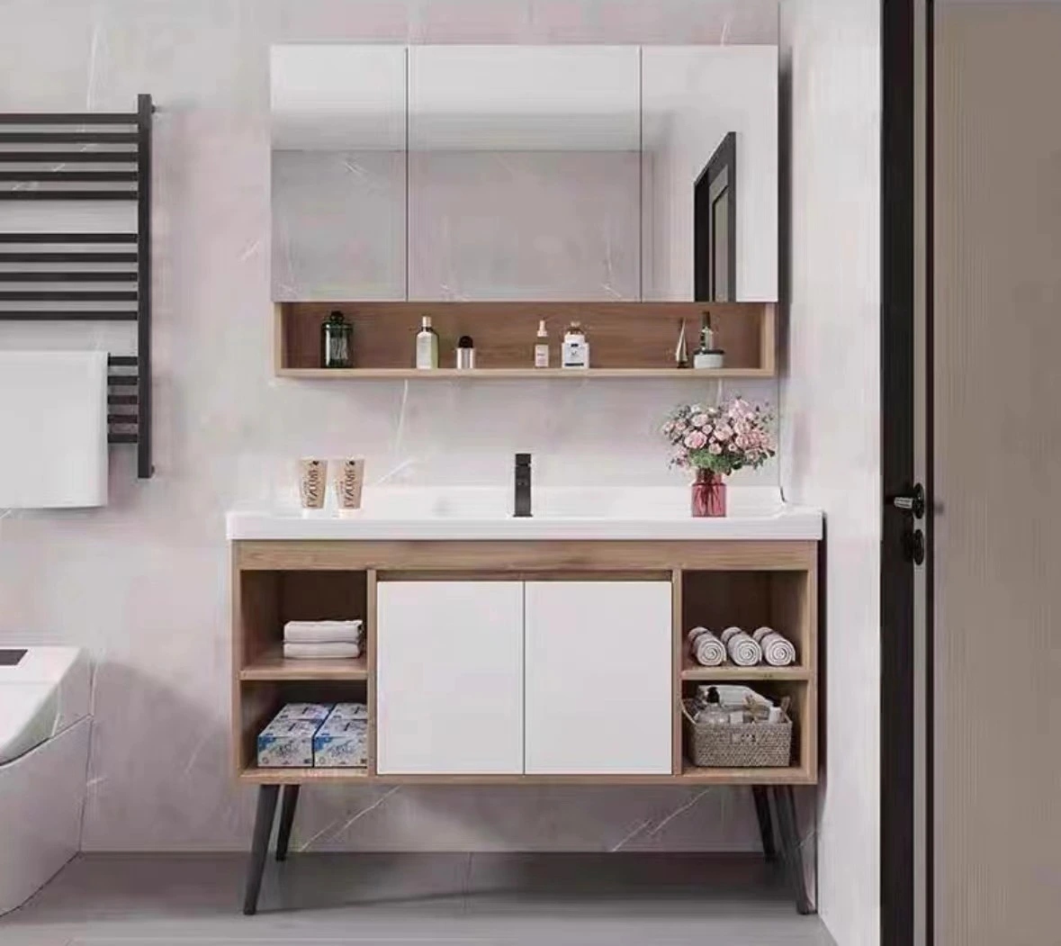 Streamlined Floor-Mounted Ceramic Basin Bathroom Vanity Combo 1