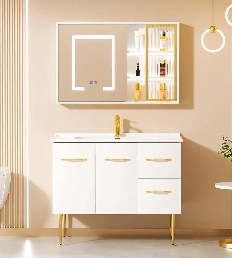 Lavabo de cerámica de lujo con luz blanca: mejore su baño con un tocador independiente minimalista 1