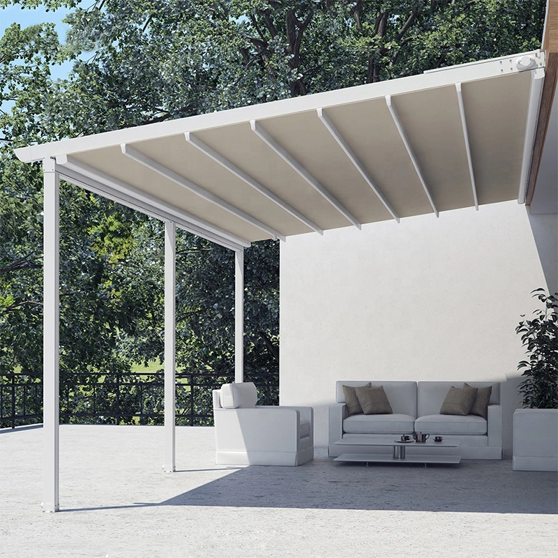 Гадна эвхэгддэг хөнгөн цагаан эвхэгддэг pergola моторт саравчтай эвхэгддэг дээвэрийг хялбархан суулгаарай 1