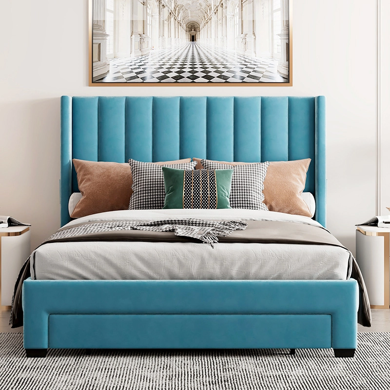 Queen size storage bed Velvet cushioned bed WF296854AAC 1
