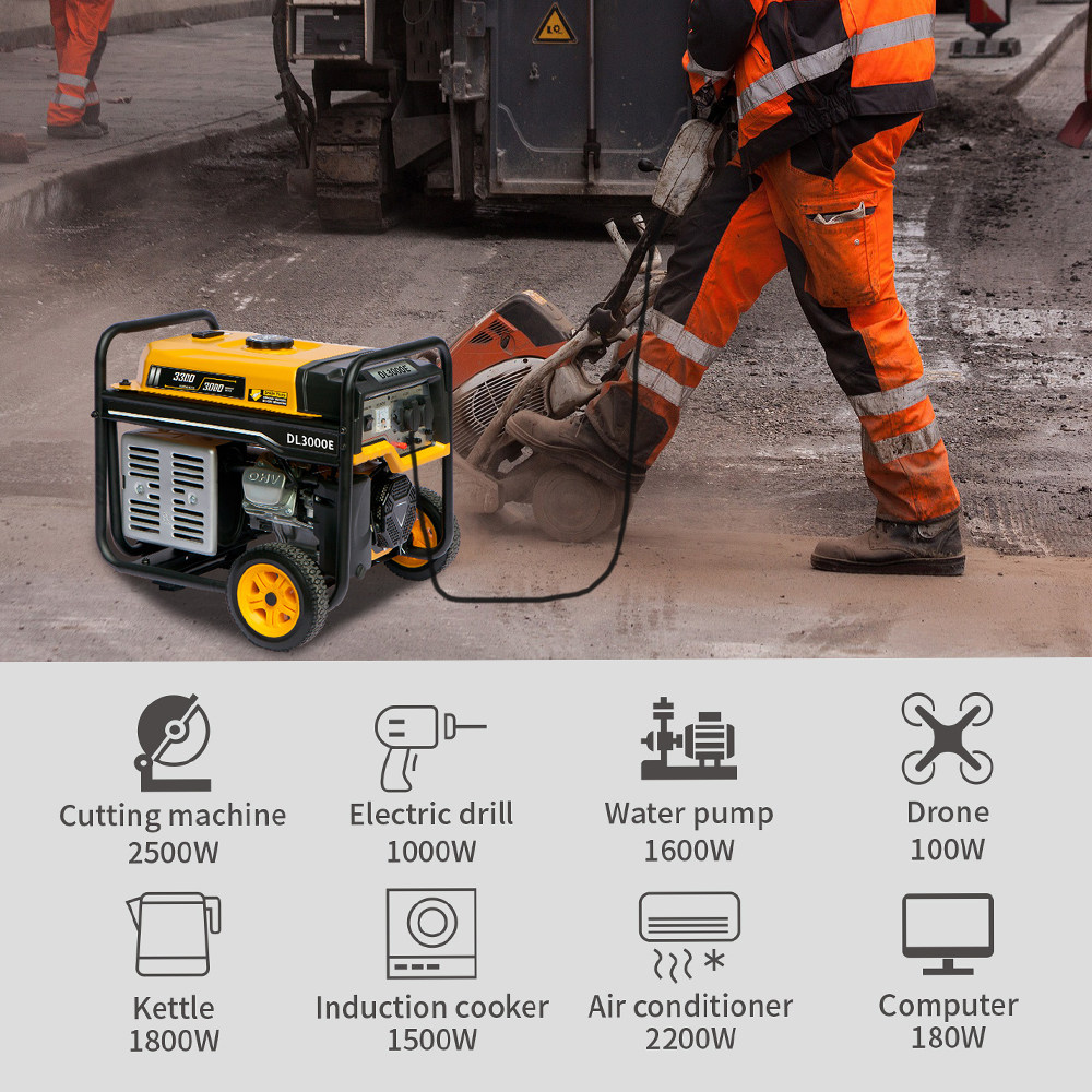 I-3000 watt Injini yamandla olomeleleyo Ukusetyenziswa kwamafutha aphantsi Kulula ukushukuma 3000w Vula isakhelo sePetroli seGenerator 9