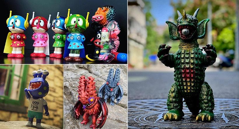 colorful designer toy collection featuring limited edition vinyl figures with vibrant artistic styles