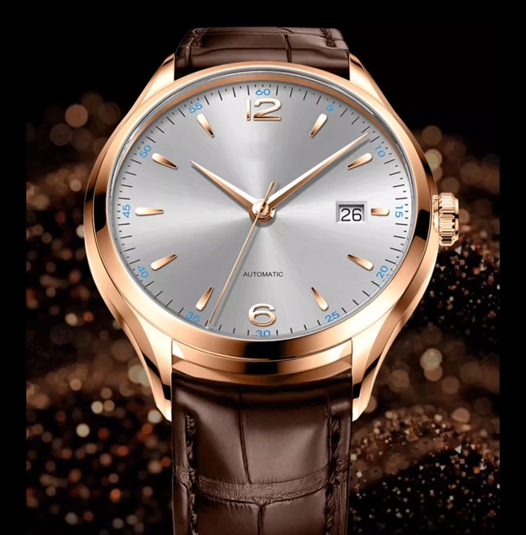 Rose gold color men automaic mechical men stainless steel watch brown Italy leather strap sapphire glass index number sun dail men 3D strong men watches 1