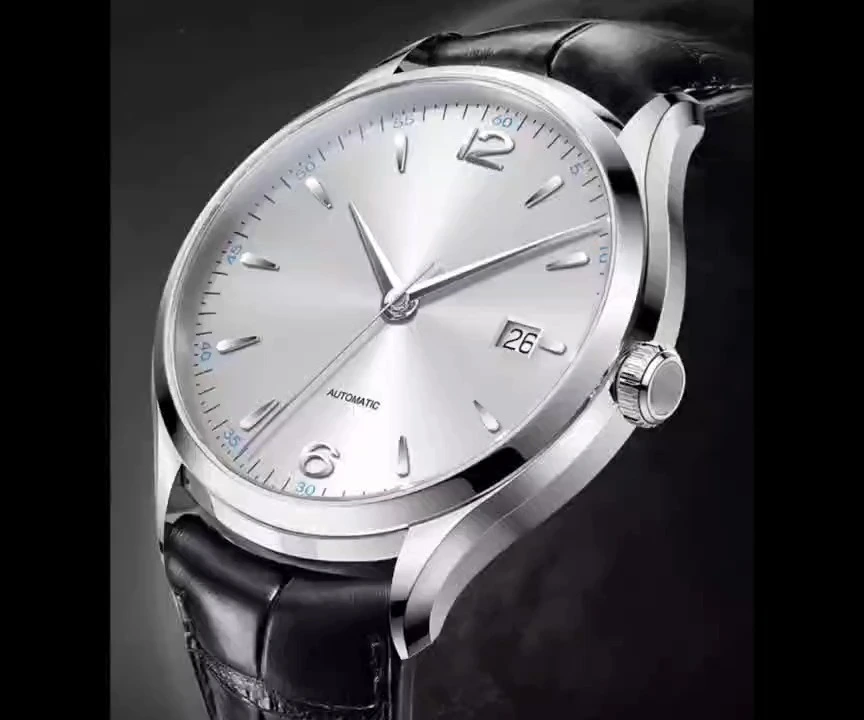 Automaic mechine men stainless steel watch silver men watches sapphire glass window back case for automaic watch italy leather strap high quality sun effect and date of the dials 1