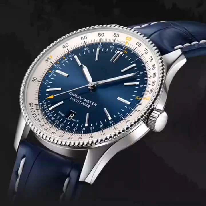 Swiss automaic machine men silver stainless steel watches high quality blue Italy leather strap waterproof screw crown high quality luminous hands 3d index blue dial of the watch factory 1