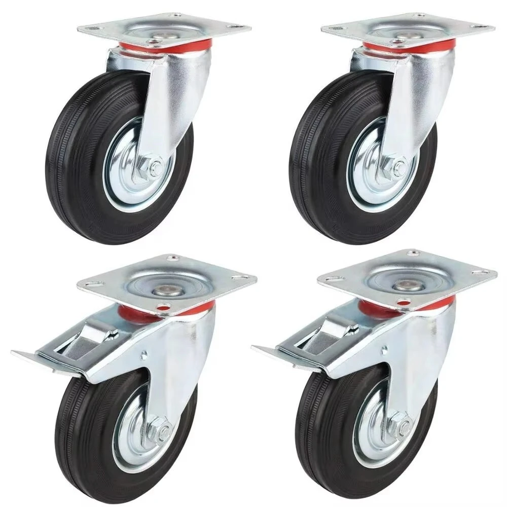 Zinc Plated Black Solid Rubber 3 3. 8 Inch Oil Proof Castor Rigid Swivel Wheel Locking Brake Trolley Cart Garbage Hospital 1