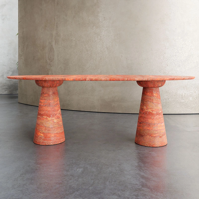 FDT021 Oval Natural Marble Beige Red Travertine Dining Table 1
