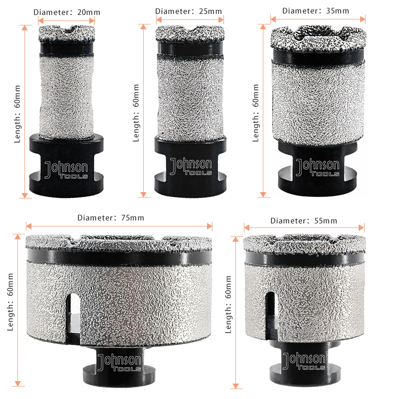 Bit Pengilangan Jari Berlian Premium Johnson Tools - Sesuai untuk Porselin, Seramik, Marmar, Granit, Kuarza - 20-75mm - Benang 5/8''-11 3