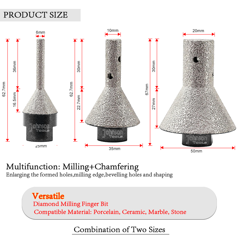 Johnson Tools Diamond Chamfer Milling Finger Bit - Sesuai untuk Mengisar Marmar dan Jubin Porselin - Alat Pembentuk untuk Pengisar Sudut - M14 atau 5/8-11 3