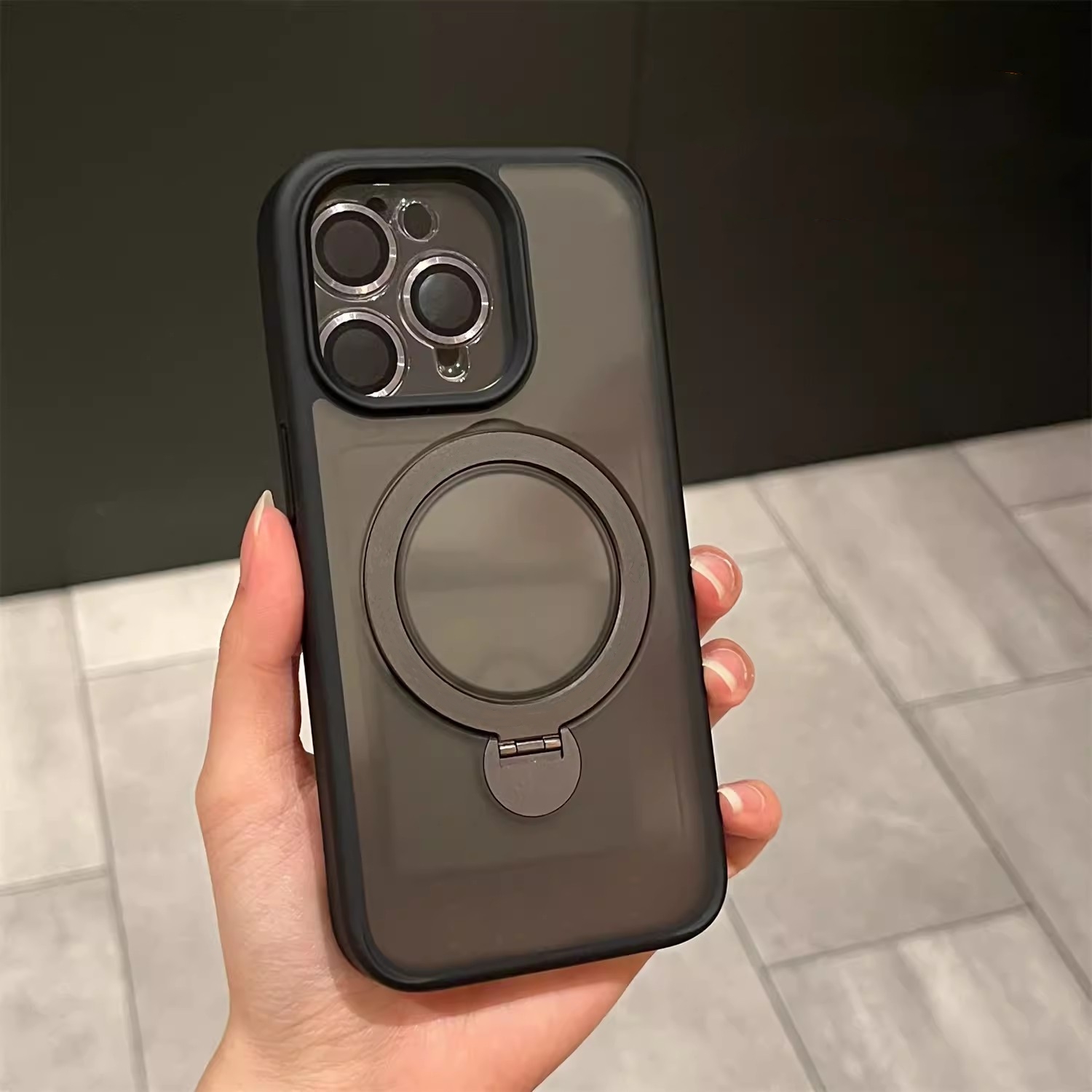 Funda de teléfono de silicona con soporte magnético de rotación 360, protección de lente de cámara de lujo para iPhone 15, 14, 13 Pro Max 4
