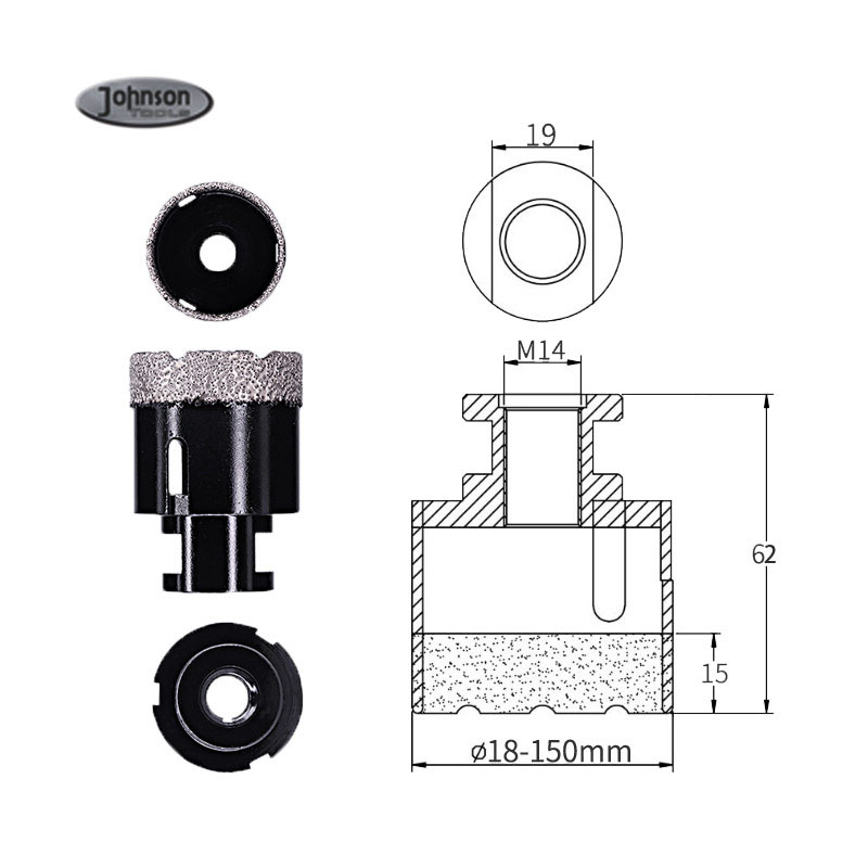 Johnson Tools 20mm, 35mm, 40mm,45mm, 50mm, 68mm M14 forets à noyau de diamant sec brasé sous vide pour carrelage 5