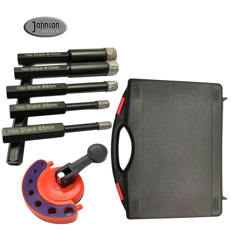 Johnson Tools Vente chaude 6 pack 5/6/8/10/12 / 14mm + ensemble de localisateur de ventouse en plastique brasé sous vide tige ronde diamant carrelage scie cloche foret pour carrelage avec boîte en plastique 7