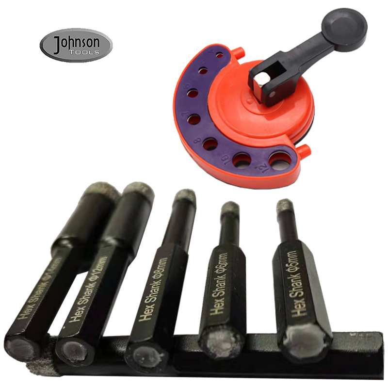 Johnson Tools Vente chaude 6 pack 5/6/8/10/12 / 14mm + ensemble de localisateur de ventouse en plastique brasé sous vide tige ronde diamant carrelage scie cloche foret pour carrelage avec boîte en plastique 1