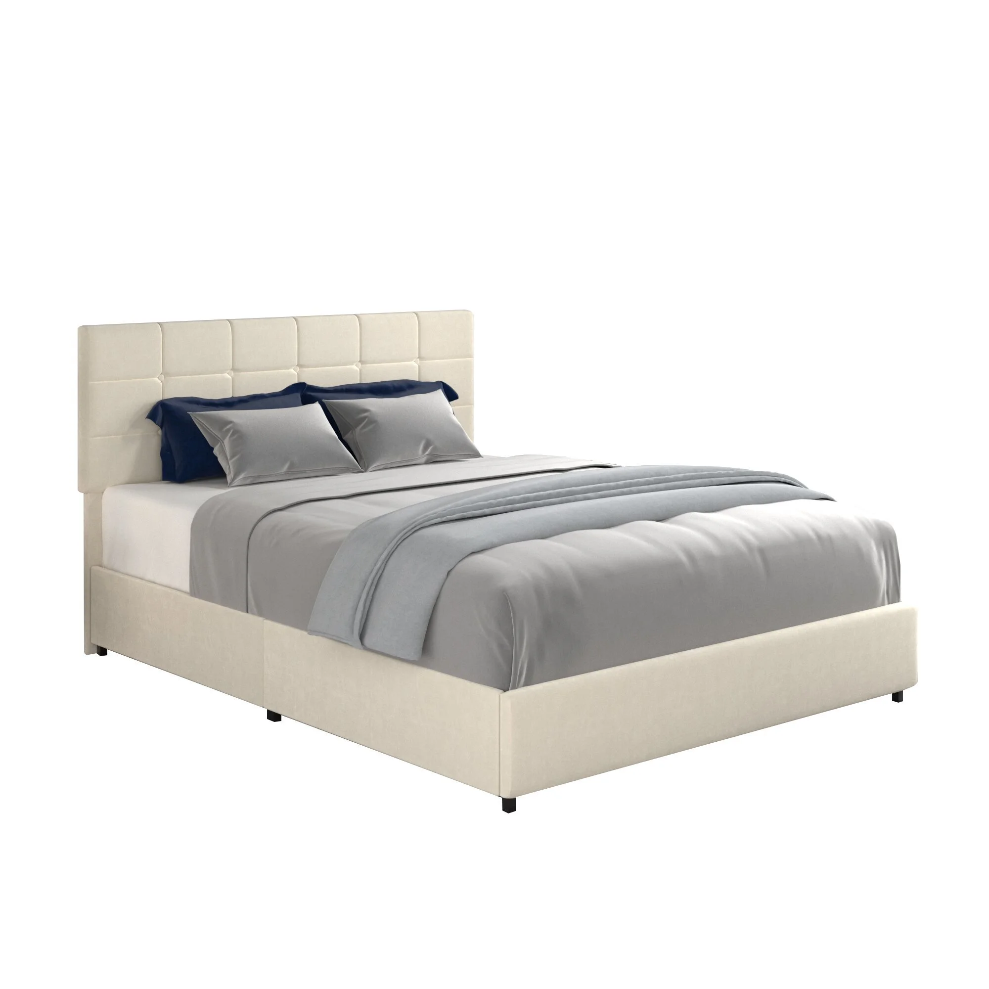 Letto Vera Queen Size con piattaforma imbottita in velluto avorio e 4 cassetti brevettati, 1