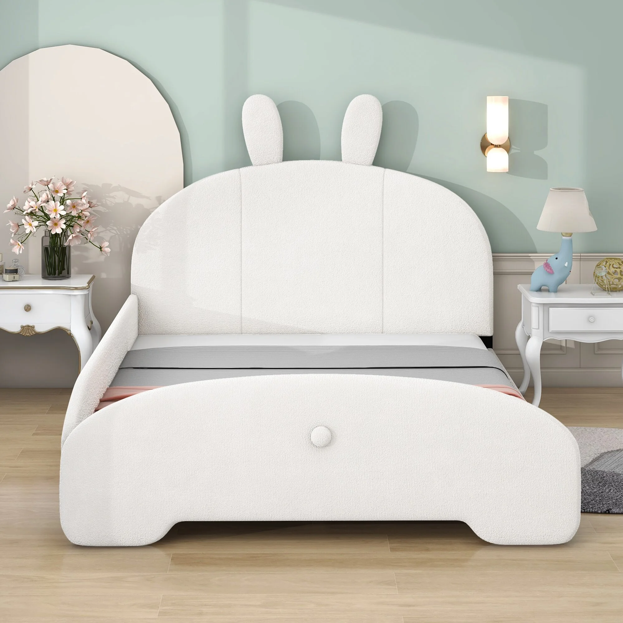 Full Size Upholstered Platform Bed with Cartoon Ears Shaped Headboard, White 1