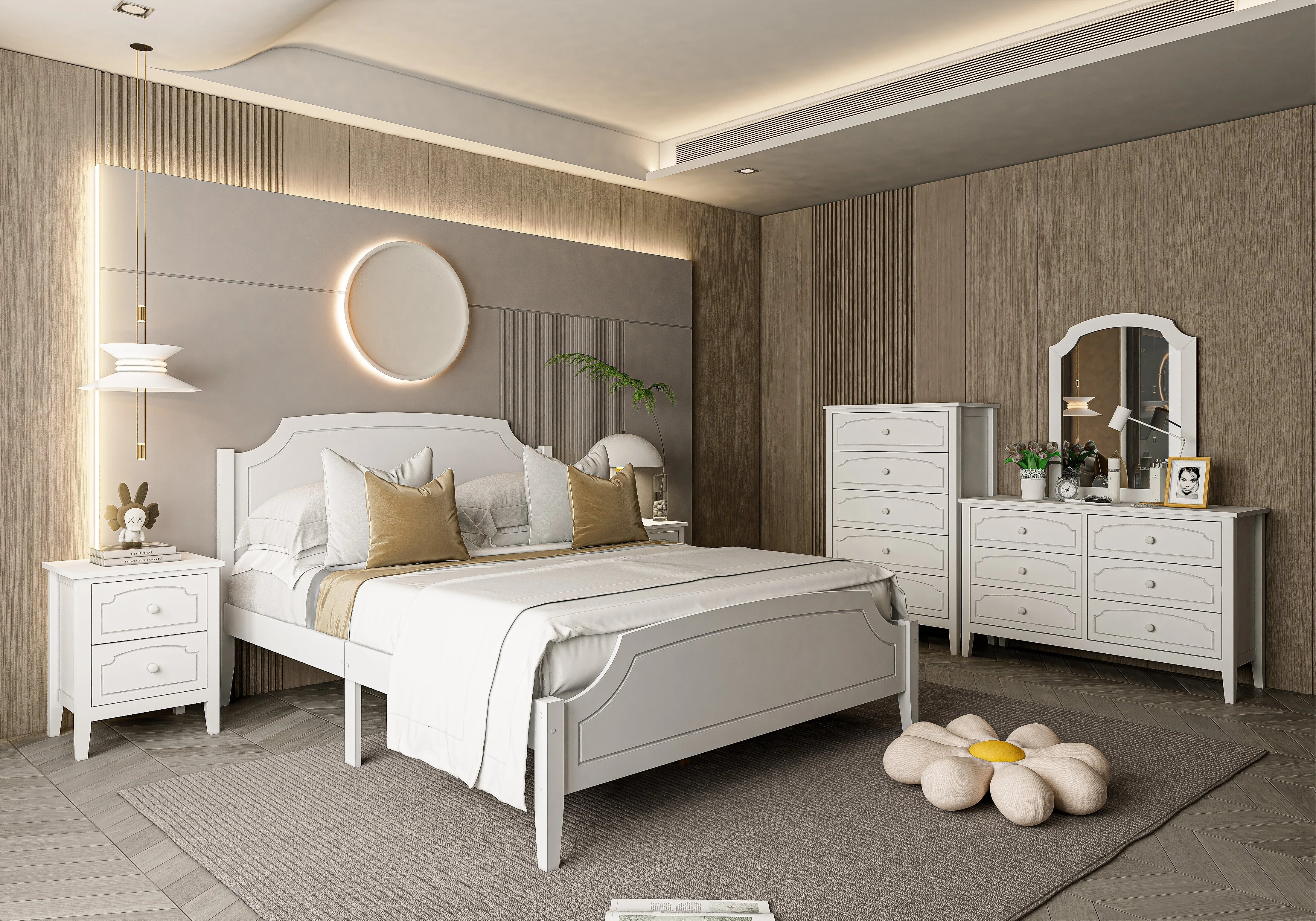 White modern Roman style, solid wood bed, king-size bed frame for bedroom 1