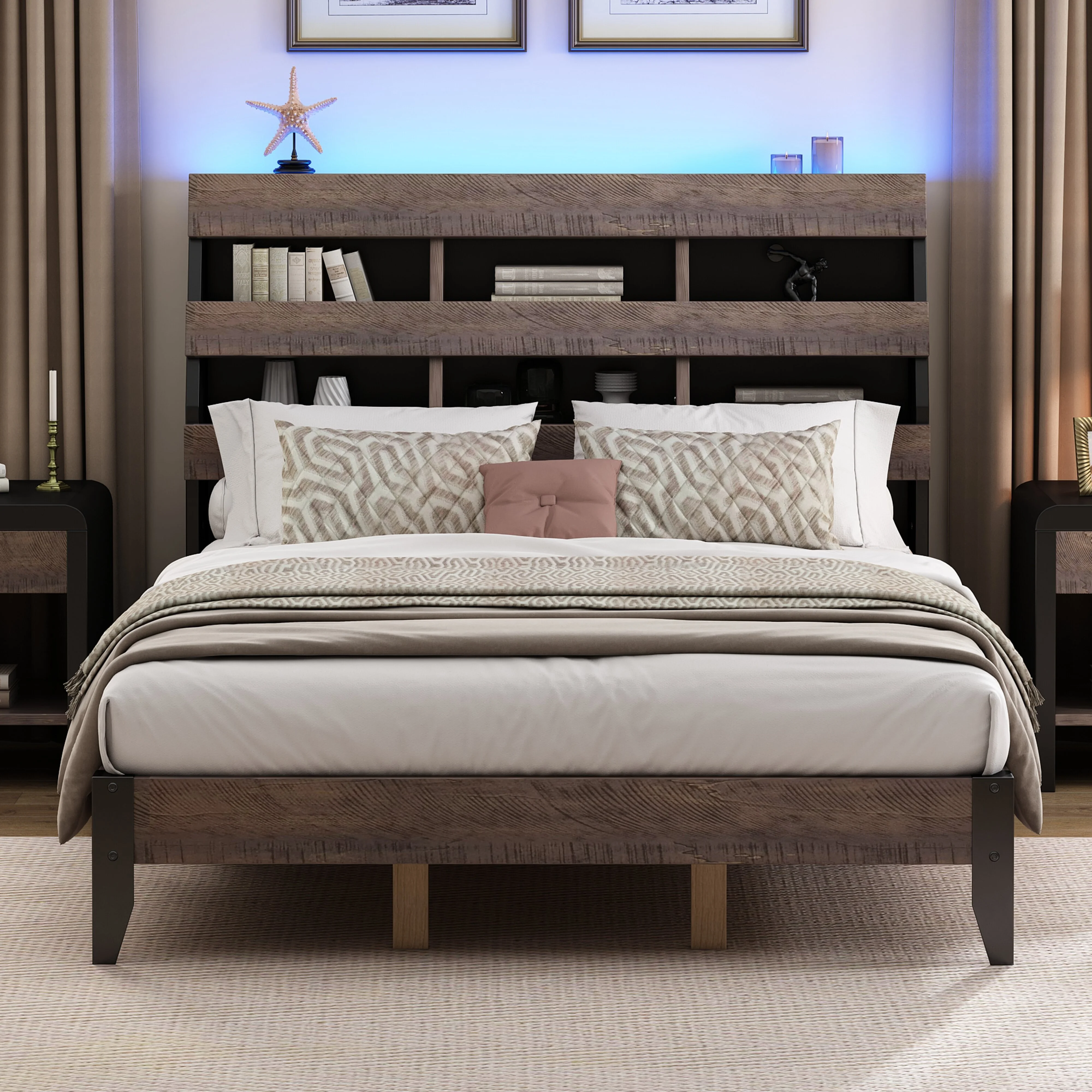 Mid Century Modern Style Queen Bed Frame with Bookshelf and LED Lights and USB Port 1