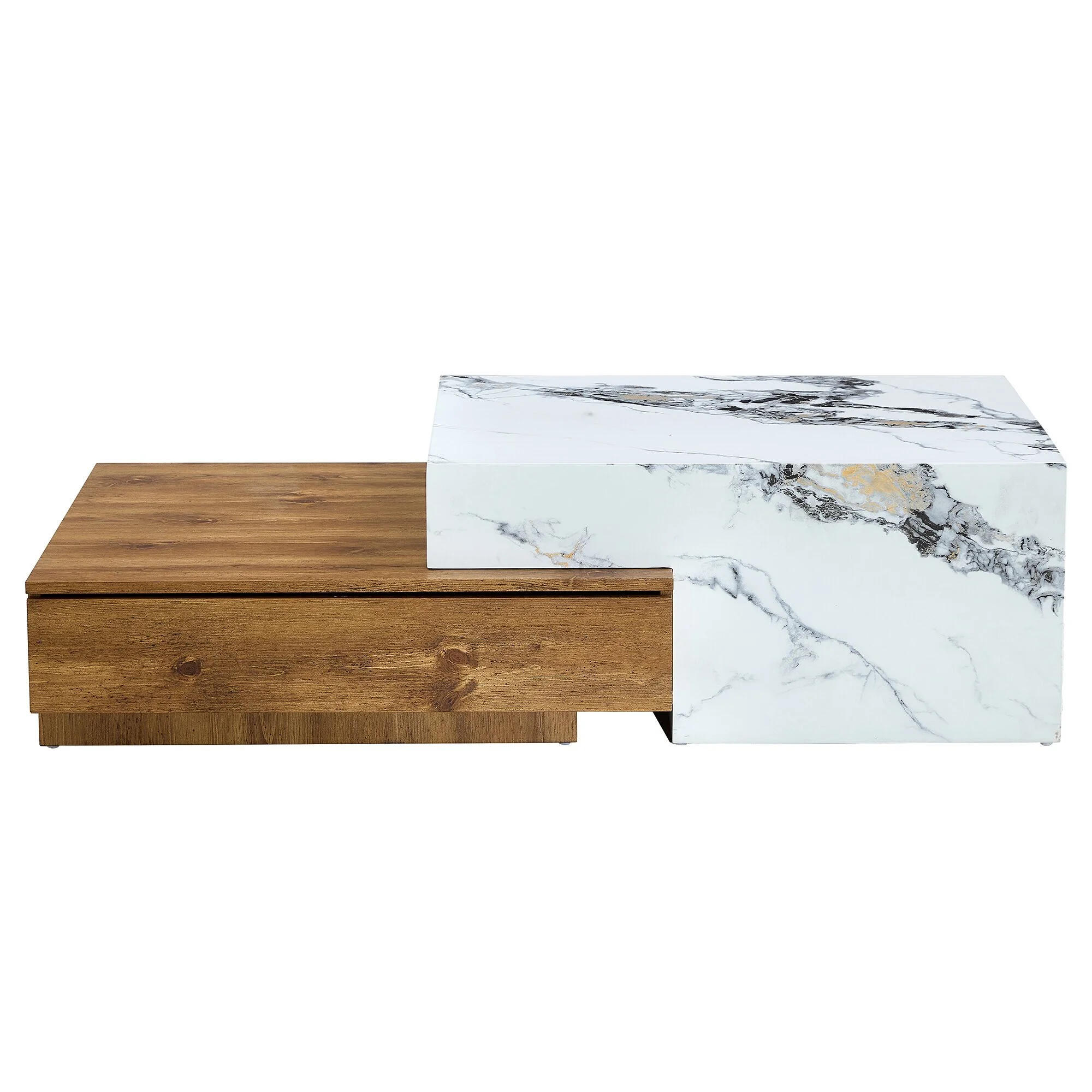 A modern MDF coffee table in white and wood tones with storage drawers 1