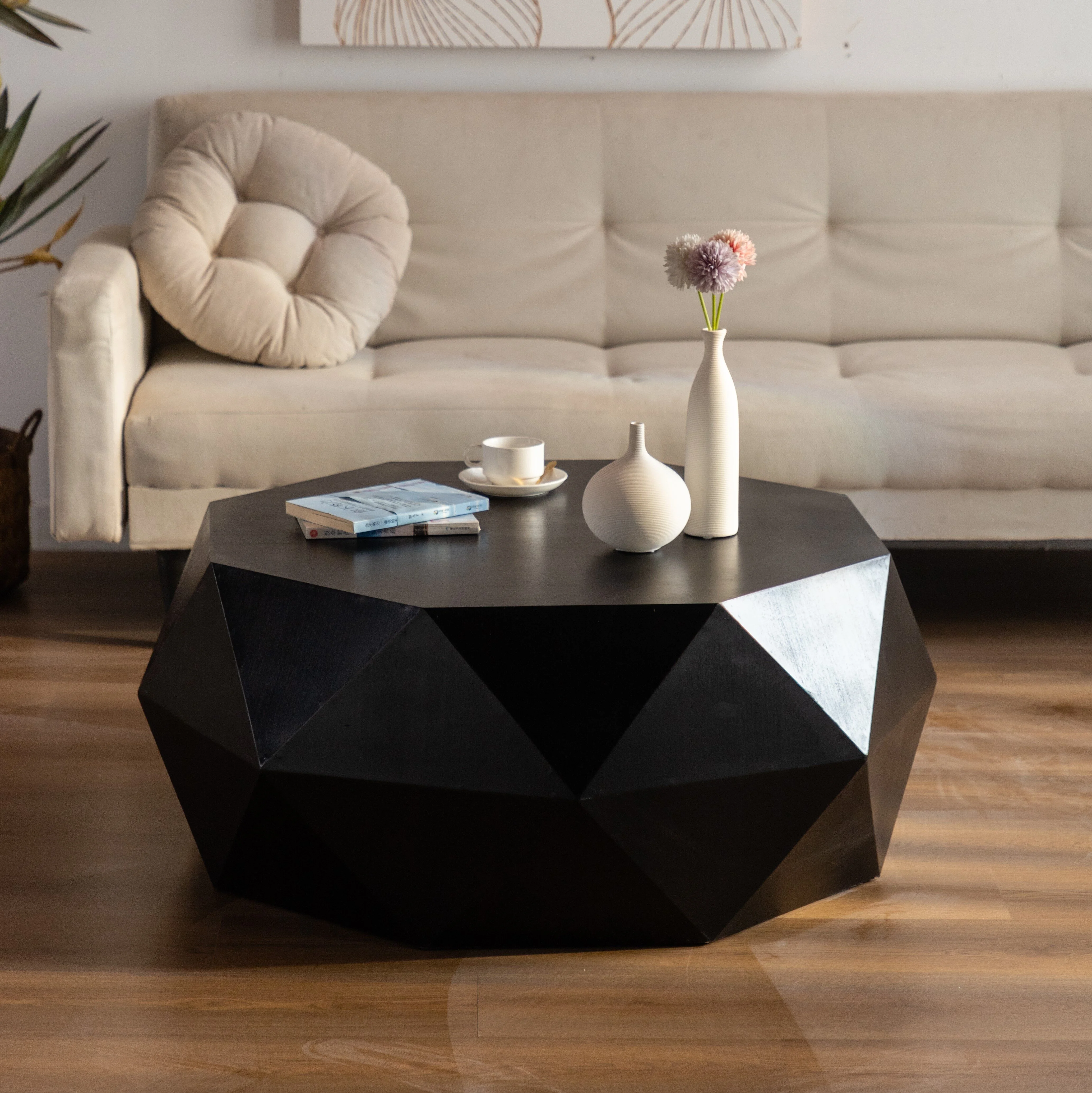38Three-dimensional Embossed Pattern Design American Retro Style Coffee Table,Black Tabletop 1