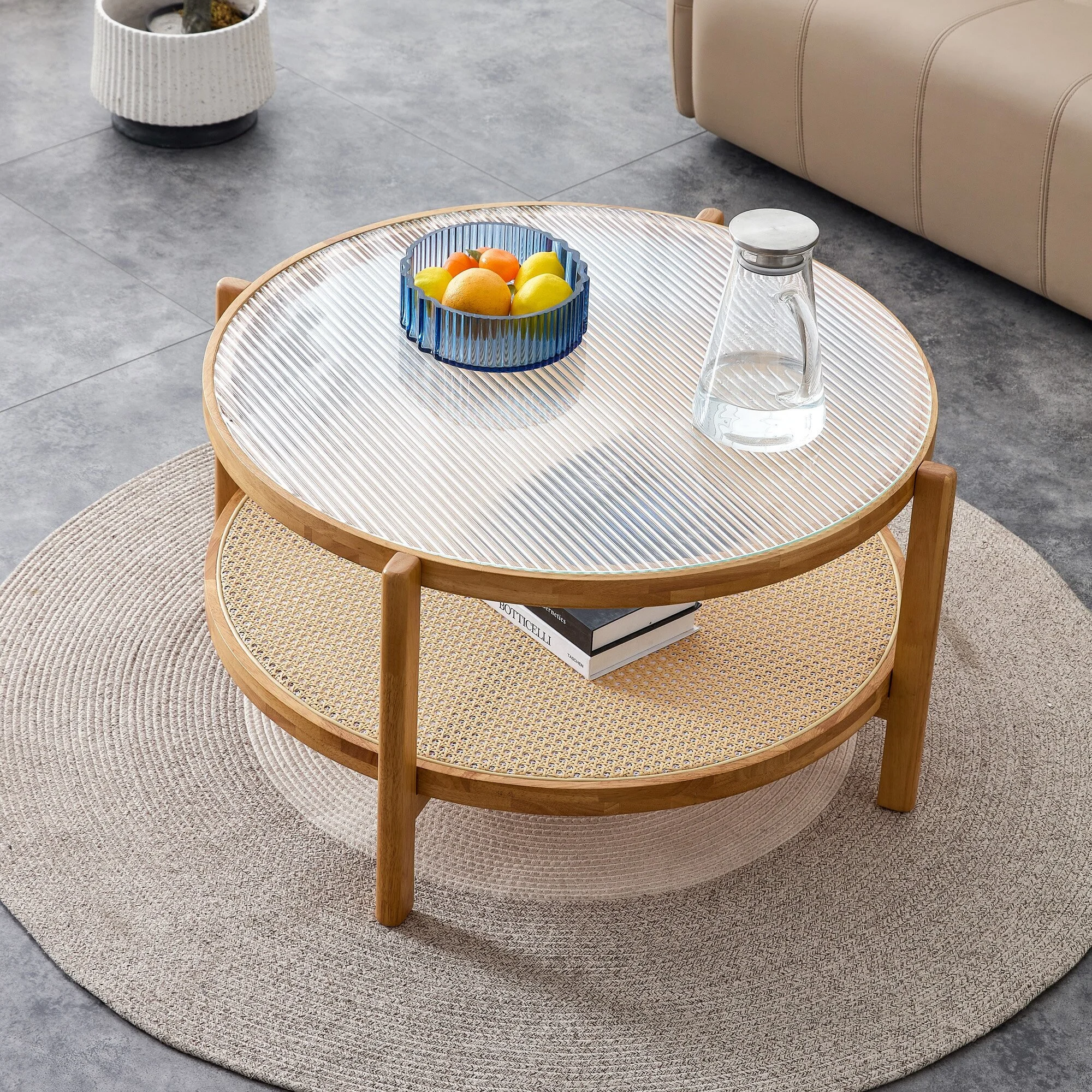 Mesa de té de madera maciza de doble capa, circular, sencilla y moderna, mesa auxiliar china tejida de mimbre, mesa redonda pequeña 1