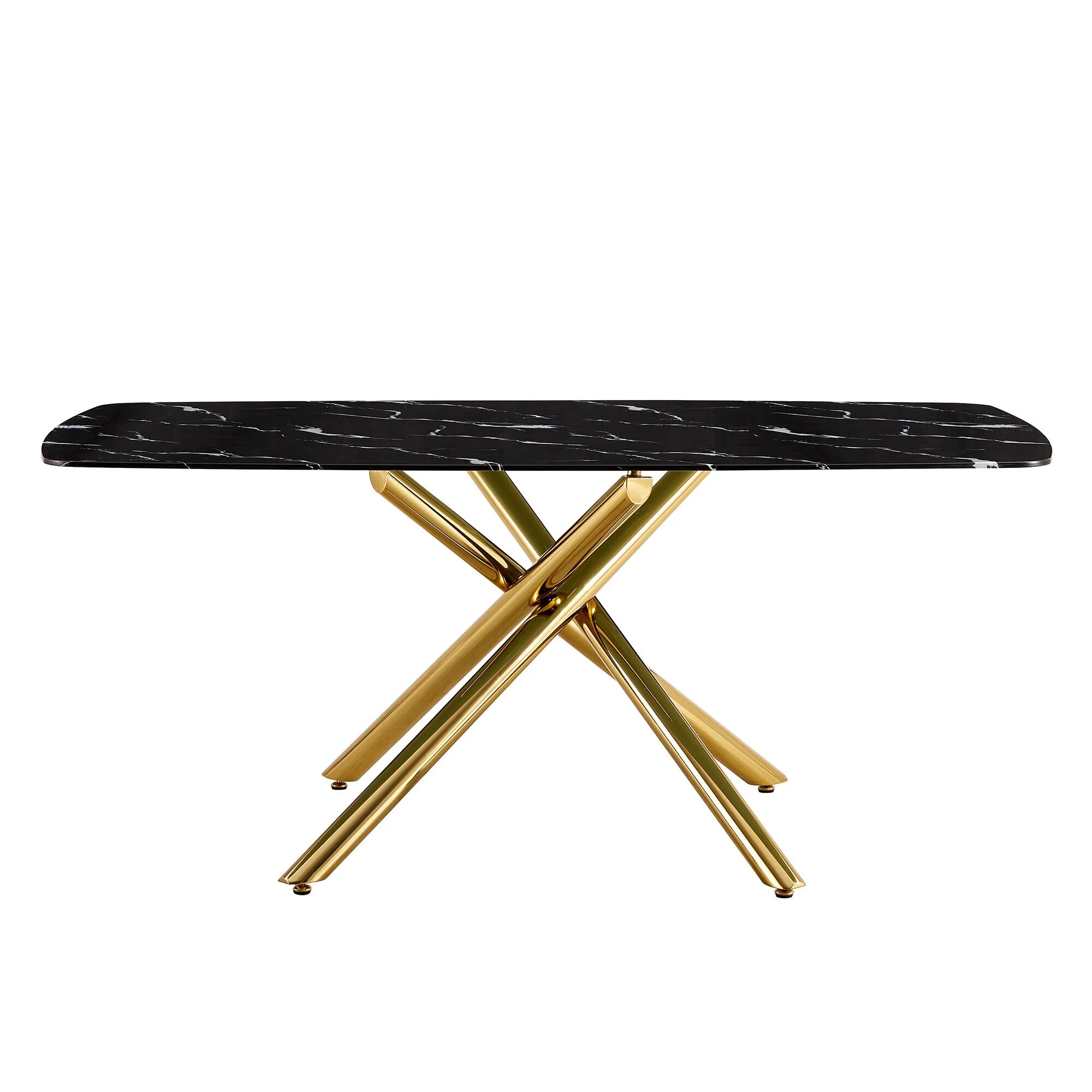 Large modern minimalist rectangular dining table with 0.39 imitation marble black tabletop and golden metal legs 1
