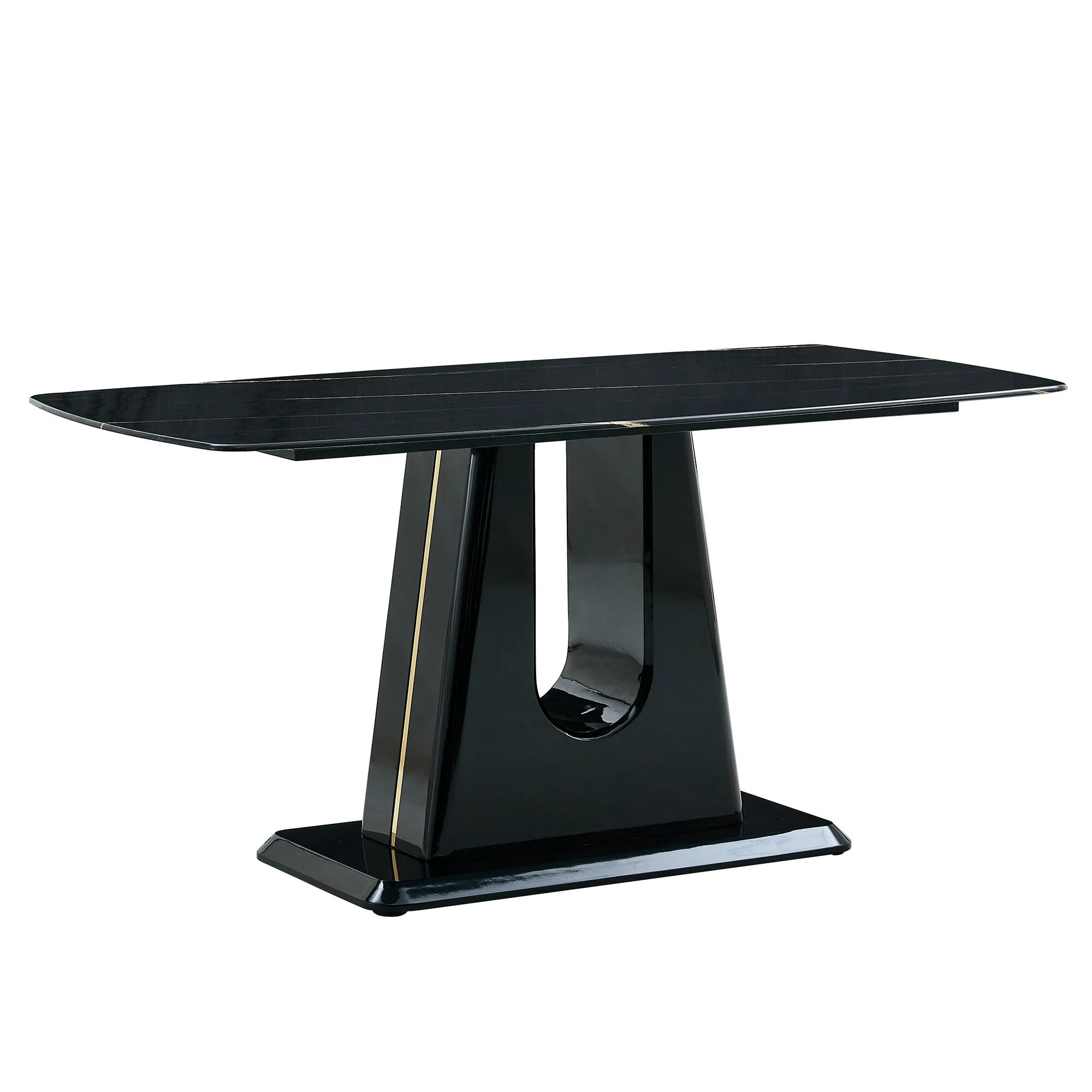 A modern, minimalist, and luxurious dining table with a white imitation marble tabletop and MDF legs with U-shaped brackets 1