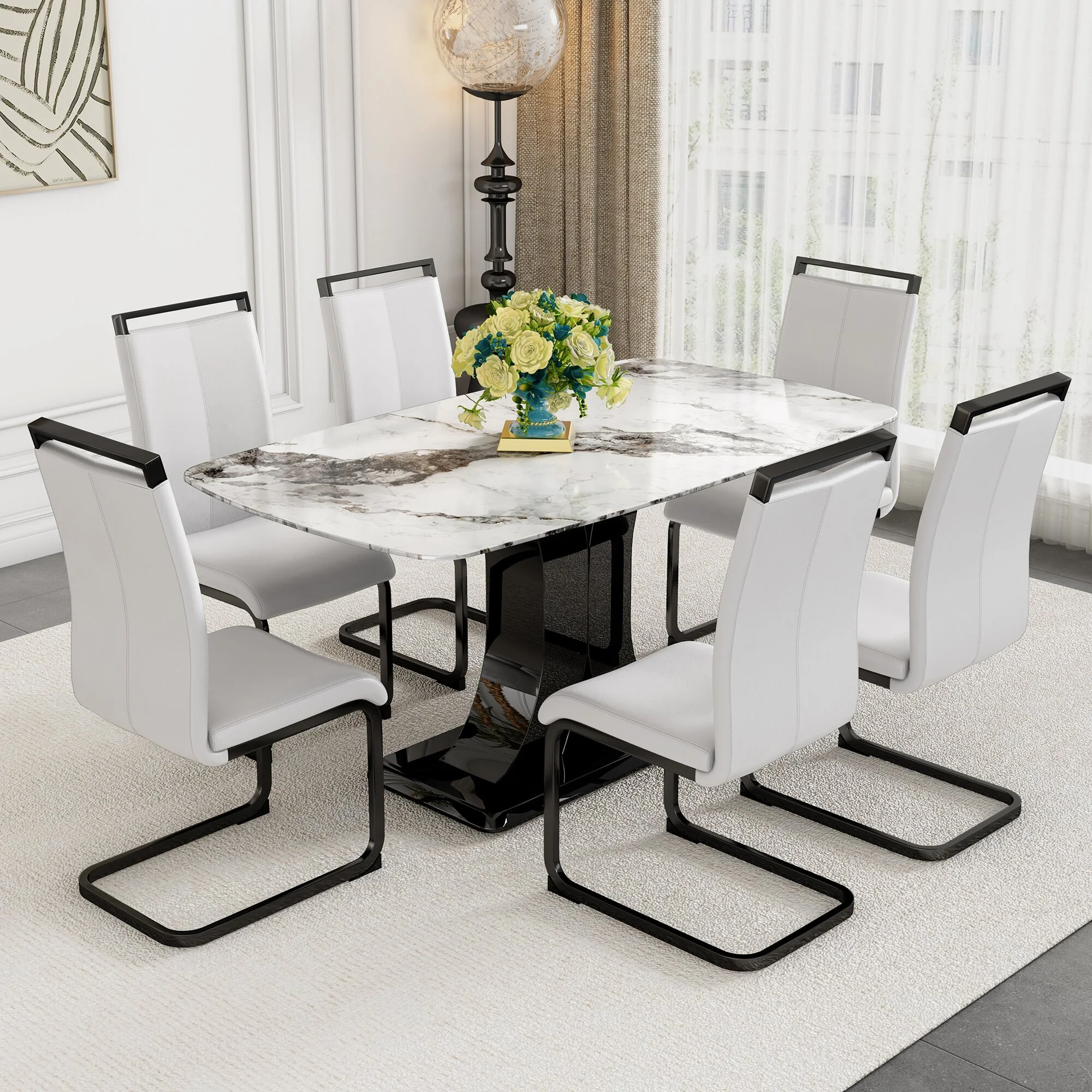 A table with six chairs, a white imitation marble tabletop, and MDF leg dining table 1