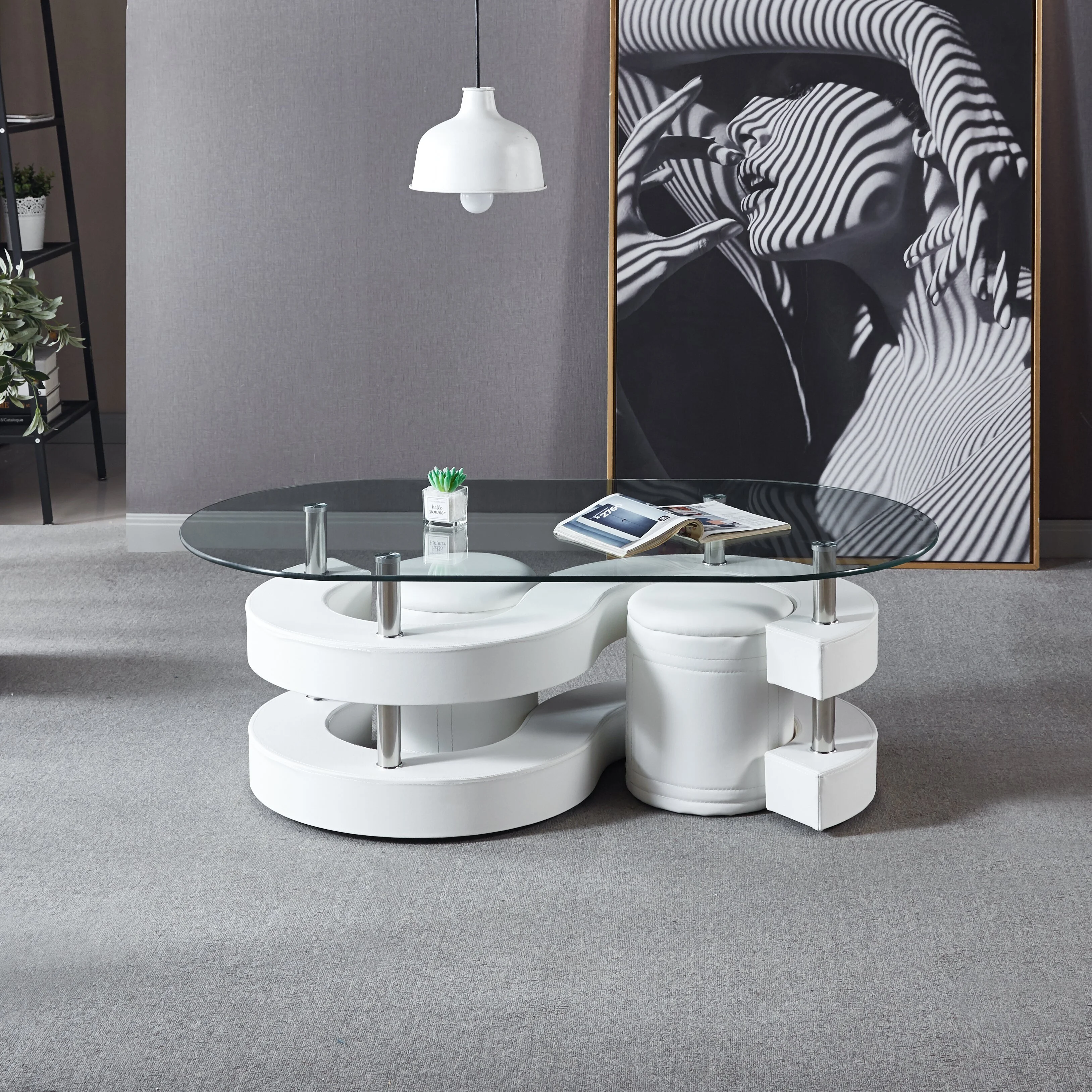 Juego de mesa de centro de 3 piezas, mesa ovalada de vidrio templado de 10 mm de grosor y 2 taburetes de cuero 1
