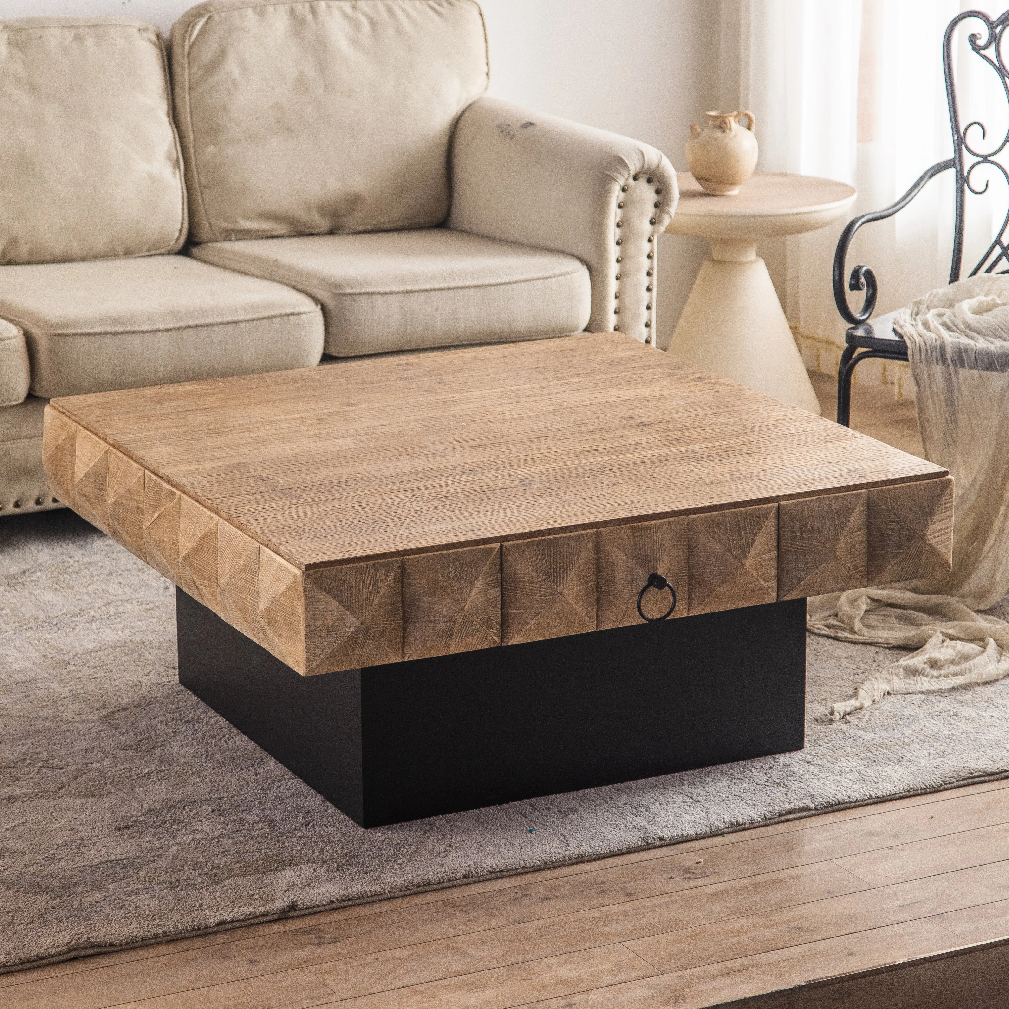 41.73Three-dimensional Embossed Pattern Square Retro Coffee Table with 2 Drawers and MDF Base 1
