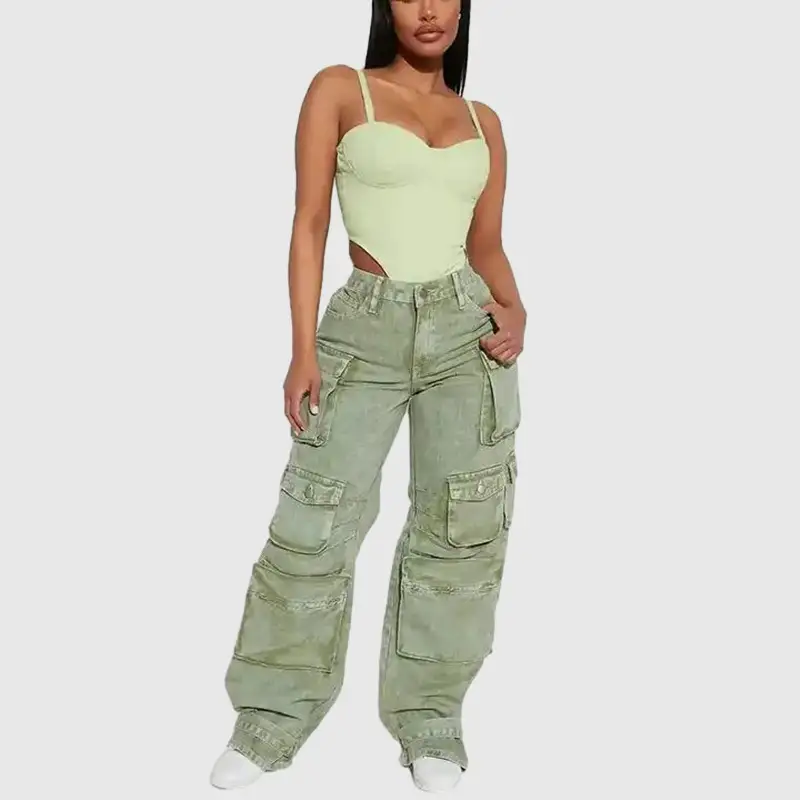 2024 New Fashion High Waist Fried Distressed Wide Leg Pants Multi-Pocket Design Cargo Pants for Women 1