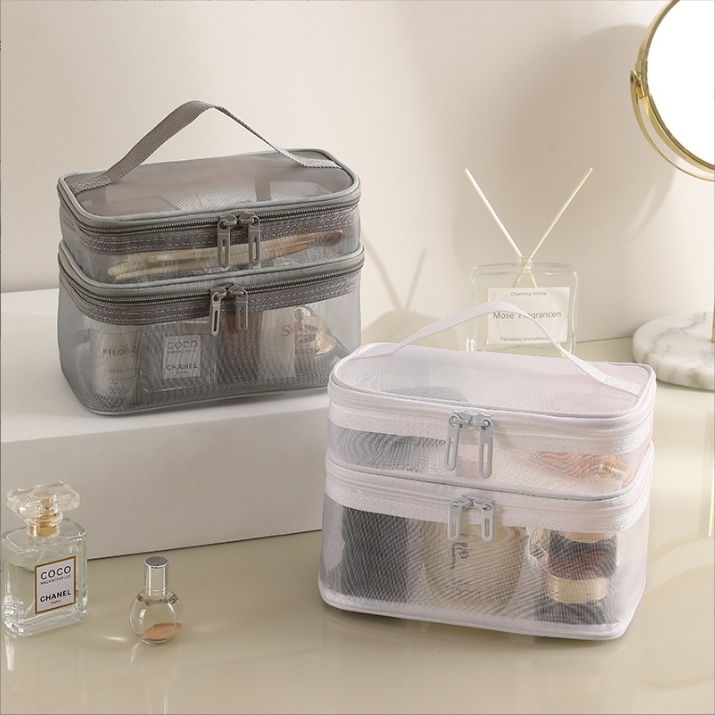 Nova bolsa de maquiagem portátil avançada transparente malha dupla bolsa de armazenamento de produtos de higiene pessoal 1