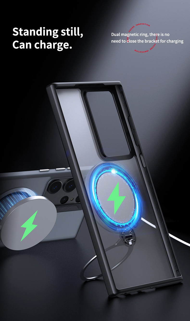 2024 NUEVO DISEÑO TPU PC Funda magnética antirrayas para teléfono a prueba de golpes para Samsung Galaxy S24 con soporte de carga Caja de teléfono con imán de protección de cámara de doble anillo 3