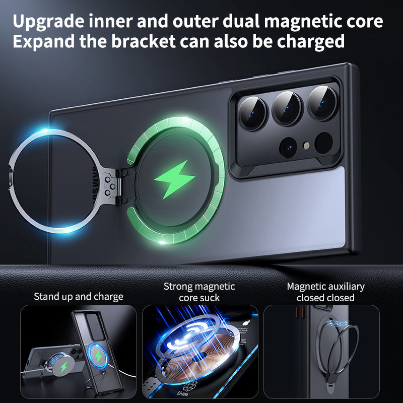 2024 NUEVO DISEÑO TPU PC Funda magnética antirrayas para teléfono a prueba de golpes para Samsung Galaxy S24 con soporte de carga Caja de teléfono con imán de protección de cámara de doble anillo 7