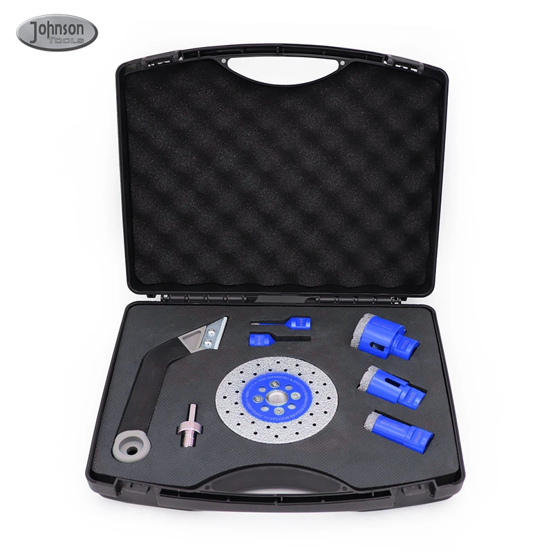 Conjunto de brocas de diamante soldadas a vácuo Johnson Tools (6/8/25/35/50/115 discos de moagem/adaptador sextavado/limpador de costura) para azulejo de porcelana M14 1