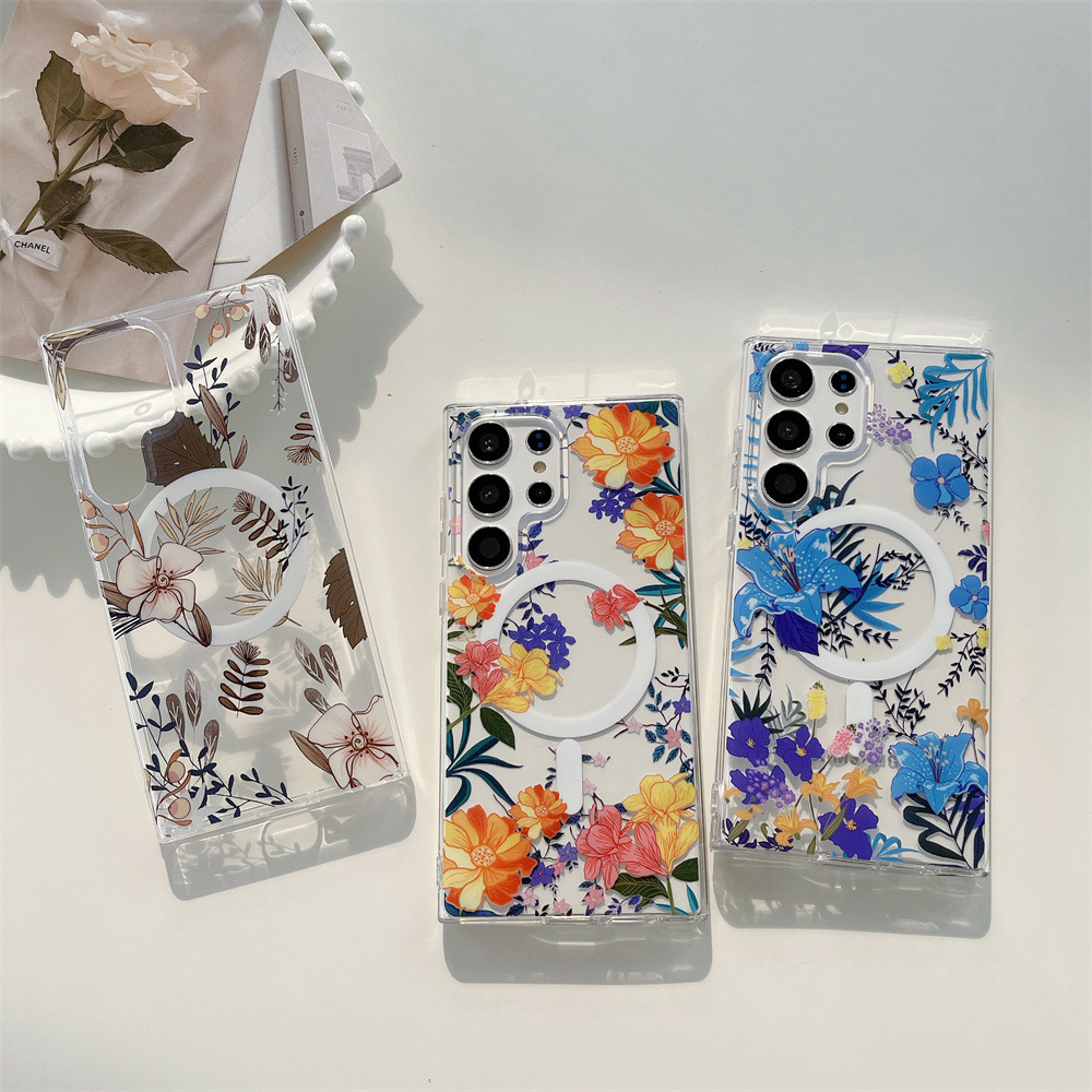 Coque transparente magnétique pour Samsung Galaxy S24, design délicat pour une forte aspiration magnétique, compatibilité avec chargeur magnétique, double couche transparente imprimée avec motif floral 2
