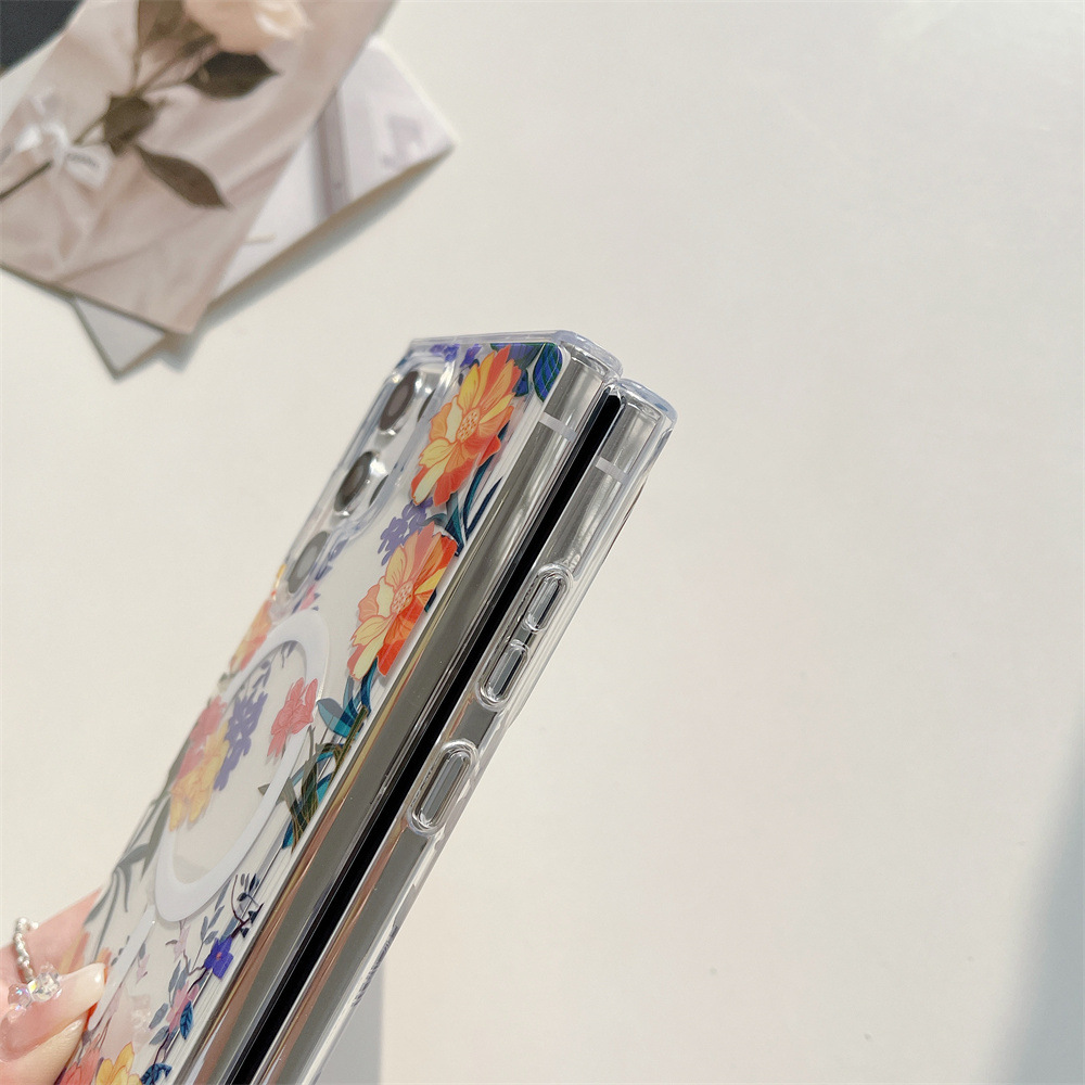 Coque transparente magnétique pour Samsung Galaxy S24, design délicat pour une forte aspiration magnétique, compatibilité avec chargeur magnétique, double couche transparente imprimée avec motif floral 13