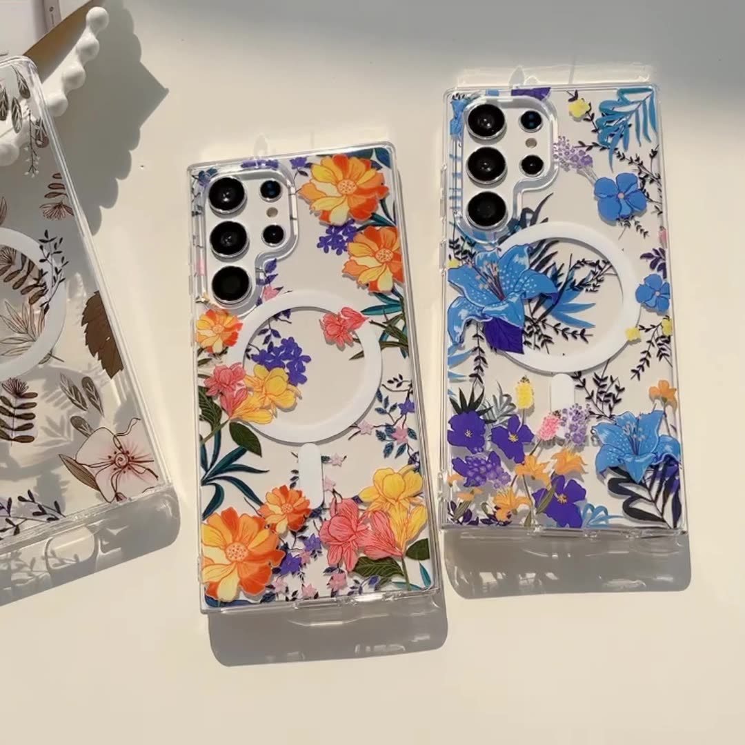 Coque transparente magnétique pour Samsung Galaxy S24, design délicat pour une forte aspiration magnétique, compatibilité avec chargeur magnétique, double couche transparente imprimée avec motif floral 12