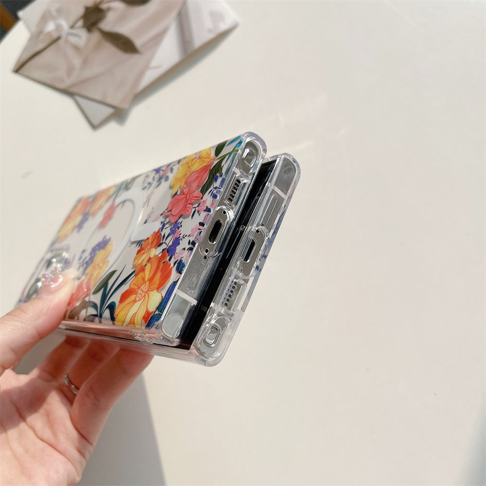 Coque transparente magnétique pour Samsung Galaxy S24, design délicat pour une forte aspiration magnétique, compatibilité avec chargeur magnétique, double couche transparente imprimée avec motif floral 11