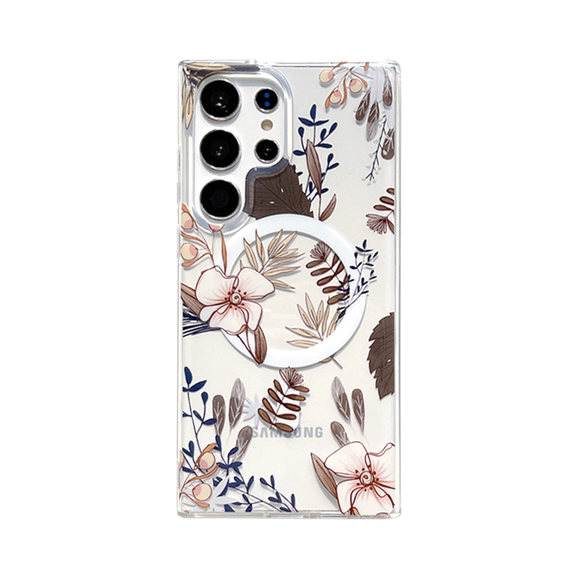 Coque transparente magnétique pour Samsung Galaxy S24, design délicat pour une forte aspiration magnétique, compatibilité avec chargeur magnétique, double couche transparente imprimée avec motif floral 10