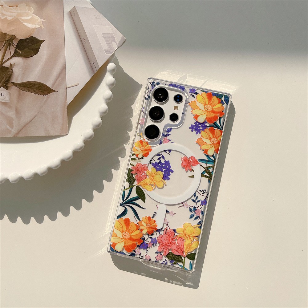 Coque transparente magnétique pour Samsung Galaxy S24, design délicat pour une forte aspiration magnétique, compatibilité avec chargeur magnétique, double couche transparente imprimée avec motif floral 9