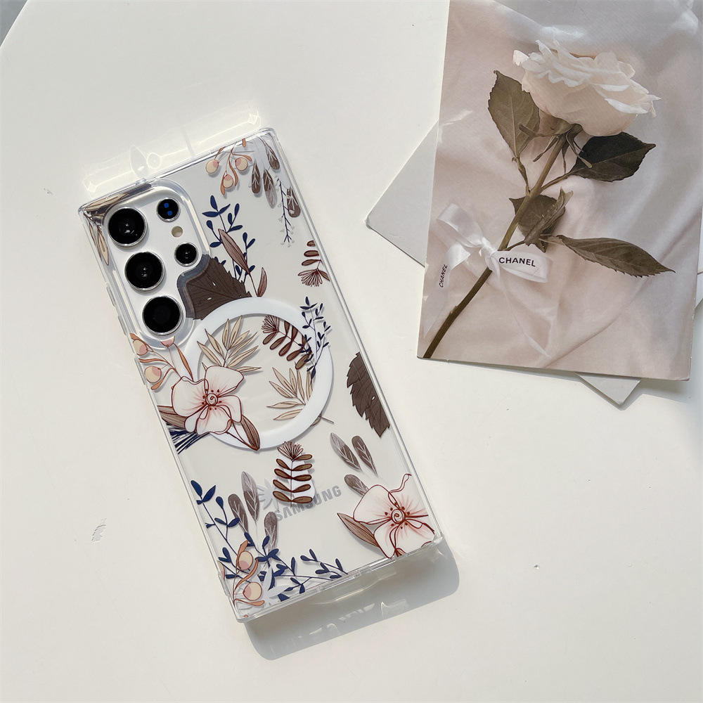 Coque transparente magnétique pour Samsung Galaxy S24, design délicat pour une forte aspiration magnétique, compatibilité avec chargeur magnétique, double couche transparente imprimée avec motif floral 8
