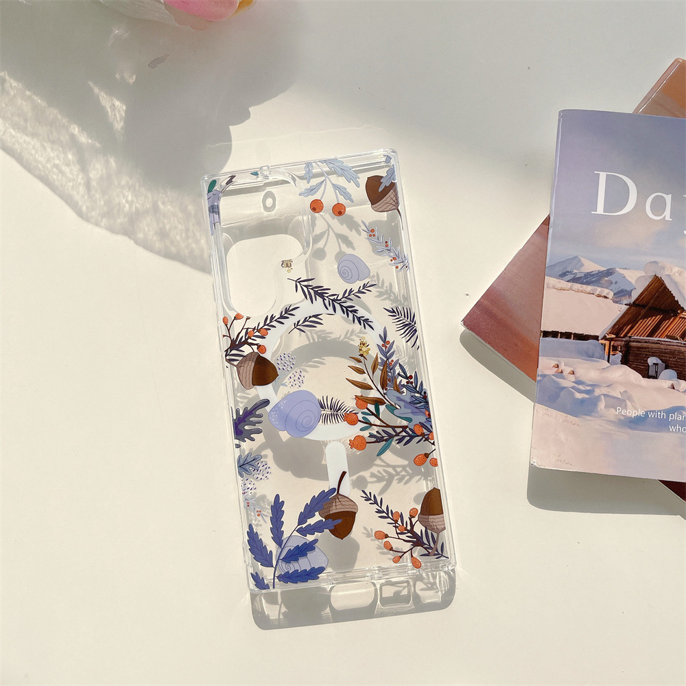 Coque transparente magnétique pour Samsung Galaxy S24, design délicat pour une forte aspiration magnétique, compatibilité avec chargeur magnétique, double couche transparente imprimée avec motif floral 7