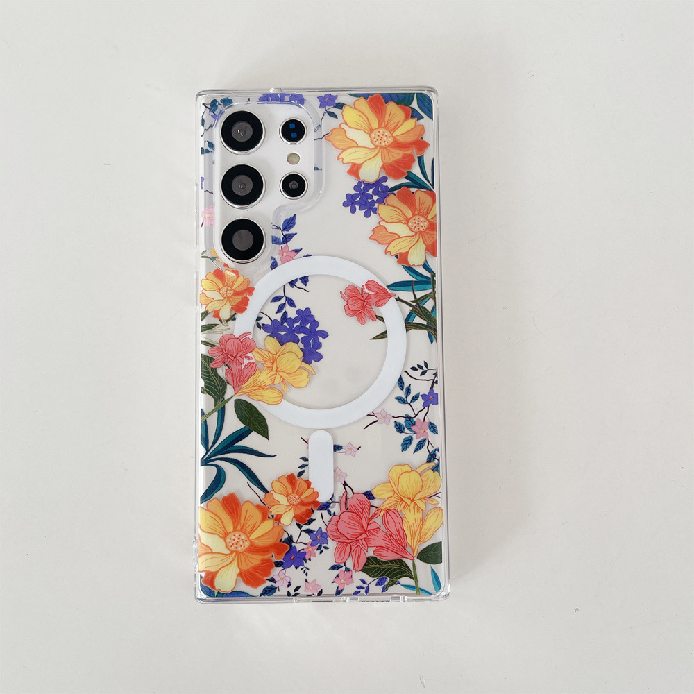 Coque transparente magnétique pour Samsung Galaxy S24, design délicat pour une forte aspiration magnétique, compatibilité avec chargeur magnétique, double couche transparente imprimée avec motif floral 6