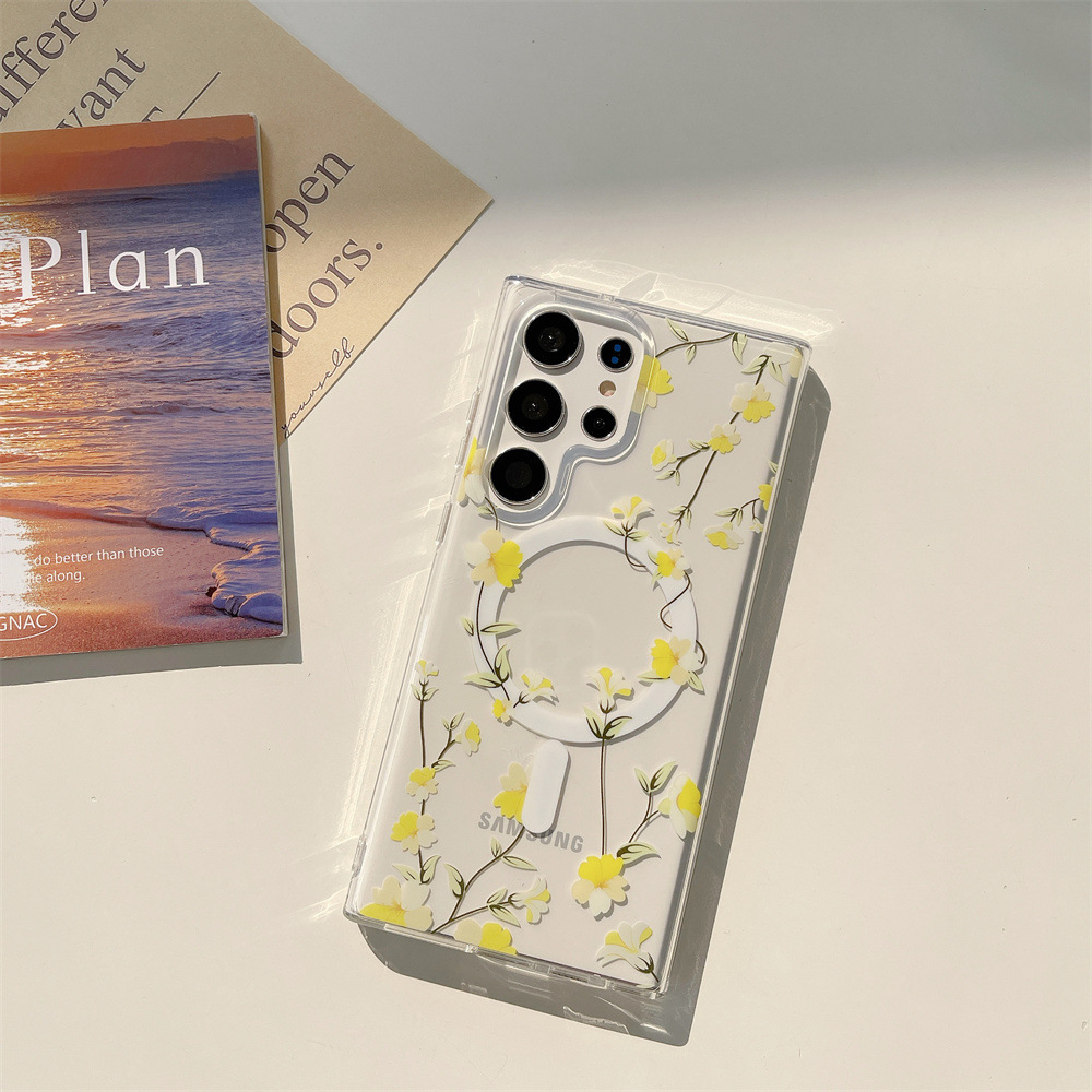 Coque transparente magnétique pour Samsung Galaxy S24, design délicat pour une forte aspiration magnétique, compatibilité avec chargeur magnétique, double couche transparente imprimée avec motif floral 5