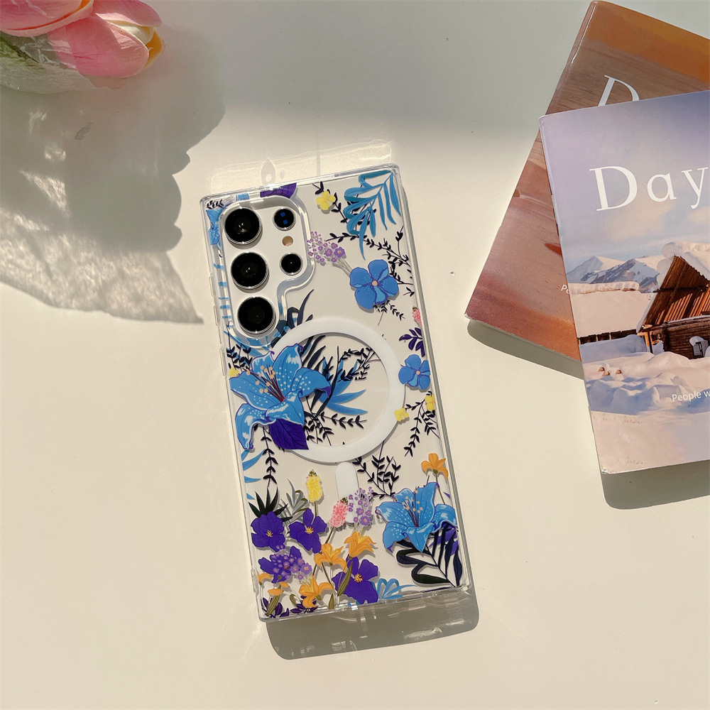 Coque transparente magnétique pour Samsung Galaxy S24, design délicat pour une forte aspiration magnétique, compatibilité avec chargeur magnétique, double couche transparente imprimée avec motif floral 4
