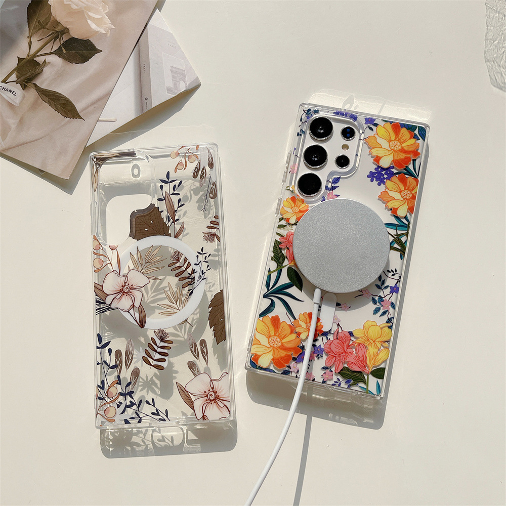 Coque transparente magnétique pour Samsung Galaxy S24, design délicat pour une forte aspiration magnétique, compatibilité avec chargeur magnétique, double couche transparente imprimée avec motif floral 3