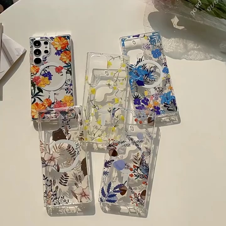 Coque transparente magnétique pour Samsung Galaxy S24, design délicat pour une forte aspiration magnétique, compatibilité avec chargeur magnétique, double couche transparente imprimée avec motif floral 1