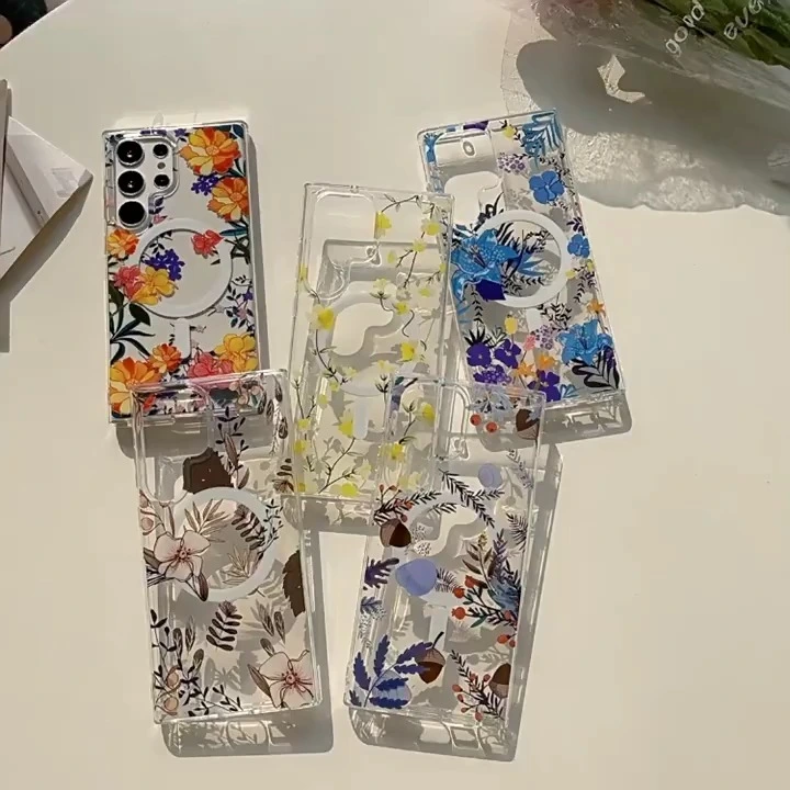 Funda Magnética Transparente para Samsung Galaxy S24 Diseño Delicado para Fuerte Succión Magnética Compatibilidad con Cargador Magnético Transparente Doble Capa Impreso con Patrón de Flores 1