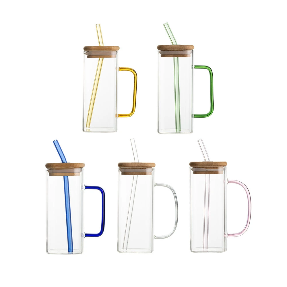 Copo de vidro Konvini 400ml com tampa de bambu e canudo de vidro ZY-22 1